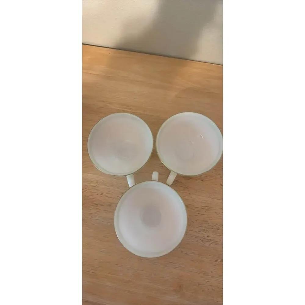 Pyrex Vintage Milk Glass Cups Green Gold Trim Set of 3